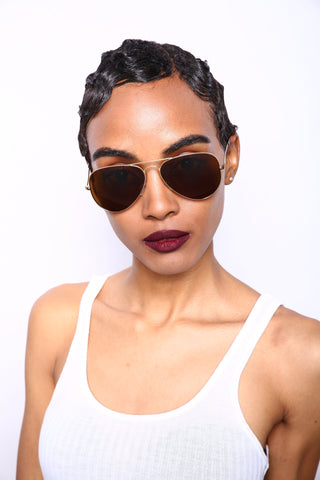 Chuck and Amy Classic Stainless and Glass Lens Pilot Military Sunglasses with Gold Frame, Brown Ultra-Light Glass Lens-Samba Shades