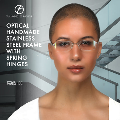 Tango Optics Metal Optical Eyeglasses Frame Luxe Reading Stainless Steel Brown Inge Lehmann Rectangle For Prescription Lens-Samba Shades