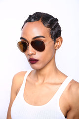 Chuck and Amy Classic Stainless and Glass Lens Pilot Military Sunglasses with Gold Frame, Brown Ultra-Light Glass Lens-Samba Shades