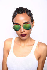 Chuck and Amy Classic Stainless and Glass Lens Pilot Military Sunglasses with Matte Gold Frame, Revo Green Ultra-Light Glass Mirror Lens-Samba Shades
