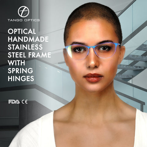 Tango Optics Metal Cateye Optical Eyeglasses Frame Flexible Stainless Steel Blue For Prescription Lens-Samba Shades