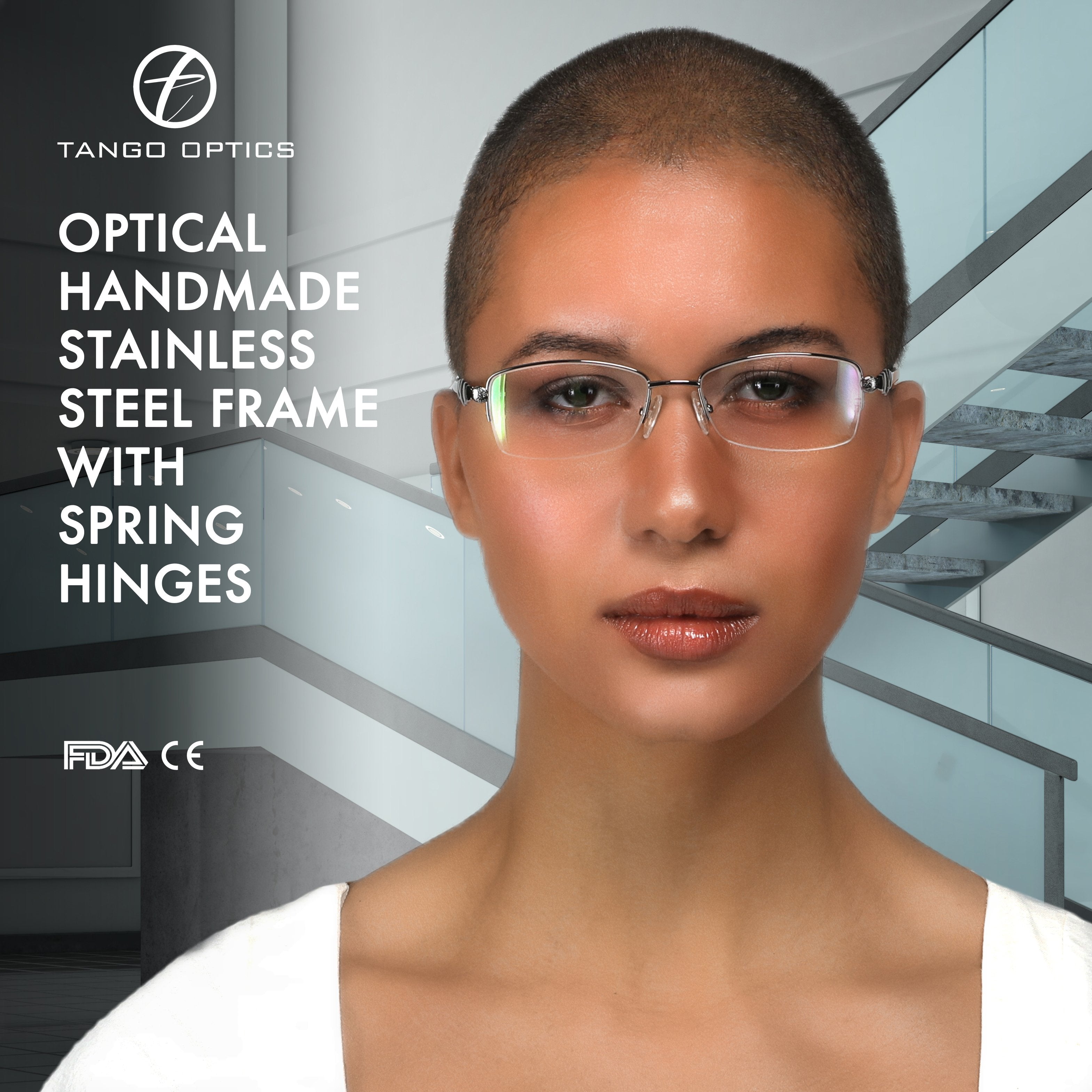 Tango Optics Metal Optical Eyeglasses Frame Luxe Reading Stainless Steel Gold Accent Inge Lehmann Rectangle For Prescription Lens-Samba Shades