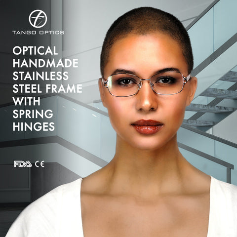 Tango Optics Metal Optical Eyeglasses Frame Luxe Stainless Steel Virginia Apgar Square Pink Silver Oval For Prescription Lens-Samba Shades