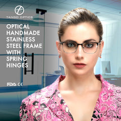 Tango Optics Square Metal Eyeglasses Frame Luxe RX Stainless Steel Grace Hopper Grey For Prescription Lens-Samba Shades
