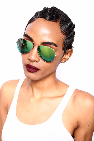 Chuck and Amy Classic Stainless and Glass Lens Aviator Sunglasses with Matte Gold Frame, Revo Green Ultra-Light Glass Mirror Lens-Samba Shades